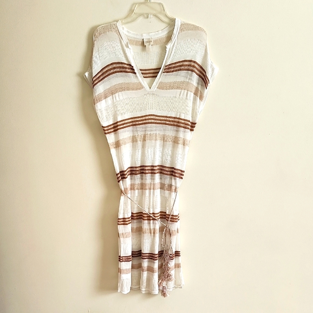 Chico's Neutral White Brown Metallic Swim Coverup Dress Waist Drawstring Tassels